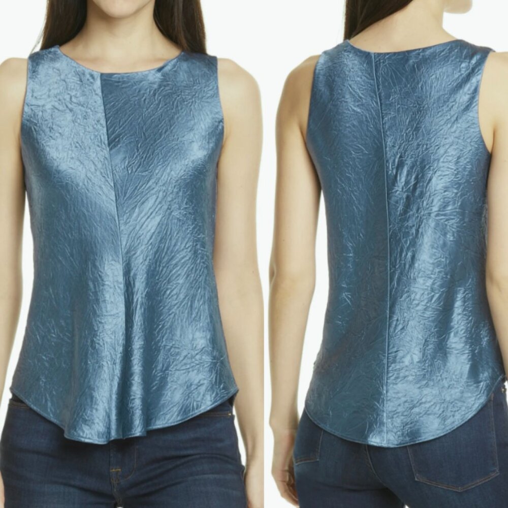 Vince Teal Bias Crinkle Cut Satin Sleeveless Tank Small